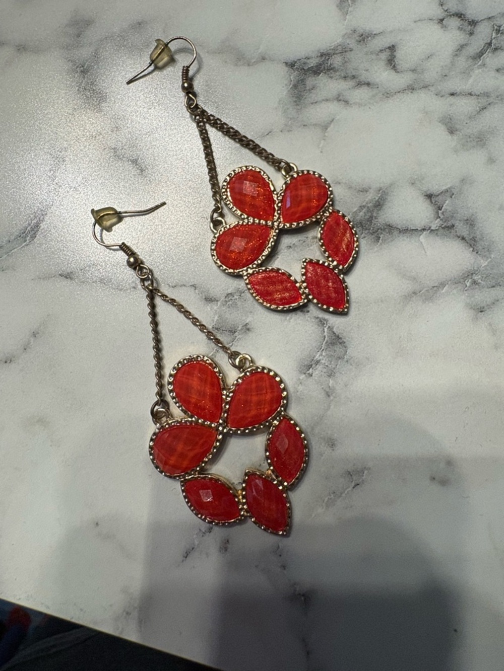 Orange/red Petal Drop Earrings with Gold-Tone Trim